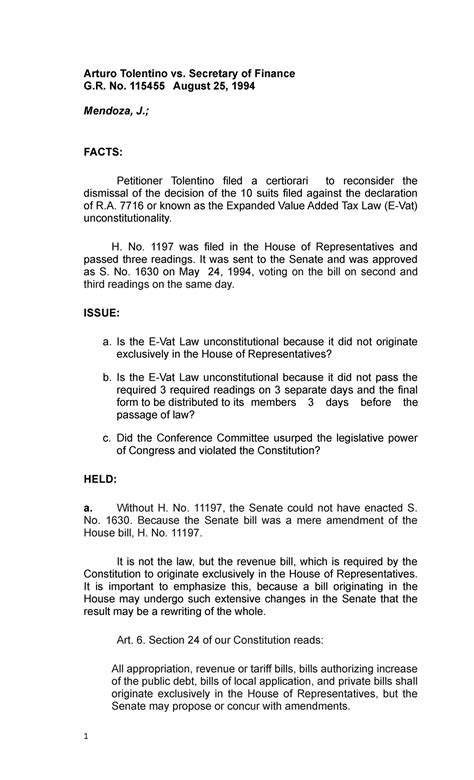Tolentino V. Secretary OF Finance CASE Digest. Eileen Marie .